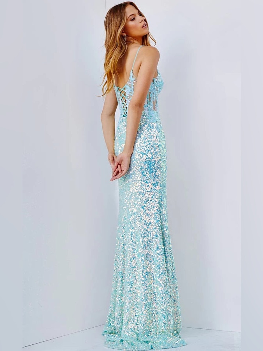 JVN by Jovani Aqua Sequin Lace High-Slit Prom Gown - Picture 2 of 3